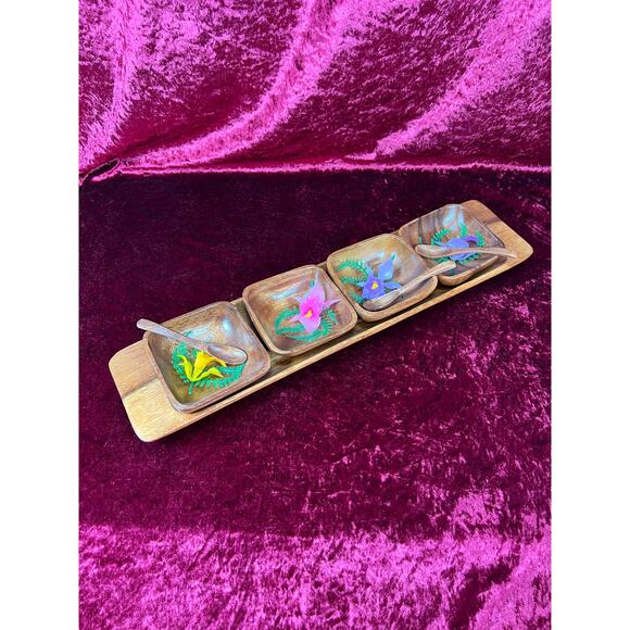 Vintage Kitchen Bar Decor - Tiki Teakwood Snack Tray with Sauce Bowls and Spoons - Picture 2 of 6